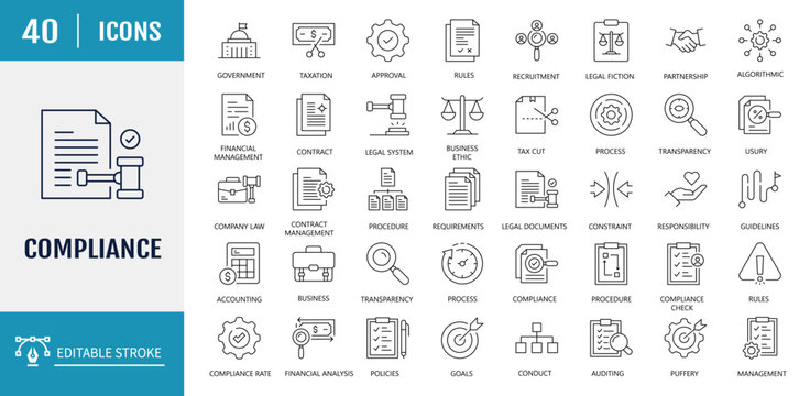 Compliance icon set. Includes regulatory compliance, corporate governance, corporate governance, transparency regulations and more. Vector Illustration with editable strokes
