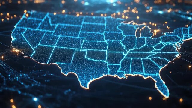 of United States map with glowing blue grid lines.