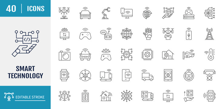 Smart Technology Icons set. Includes Industry 4.0, 5g, ai, robot, iot, programming and more. Vector Illustration with editable strokes