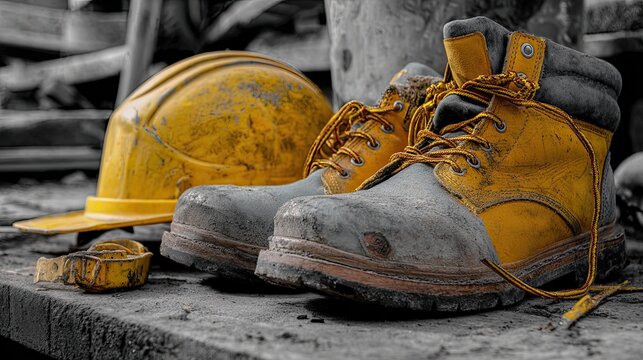 Close up of work boots and yellow hard hat representing construction work