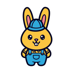 Obraz premium Cute cartoon yellow bunny rabbit wearing blue overalls and hard hat, construction worker