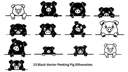 collection of 13 cartoon pigs in a peeking poses, cute farm animals, black silhouette, eps vector illustrations