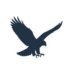 Fototapeta premium Dark silhouette of a soaring eagle with spread wings against a white background.