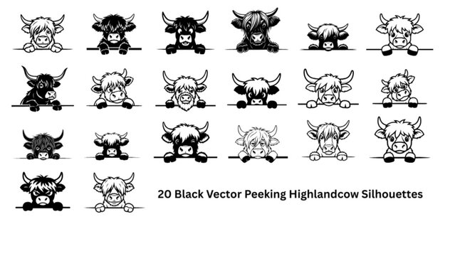 Collection of 20 Peeking Highland Cow Vector Set &ndash; Cute Farm Animals, Black Silhouette, EPS Vector Illustrations