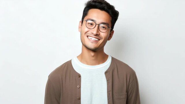 A happy young adult wearing eyeglasses and a collared shirt.