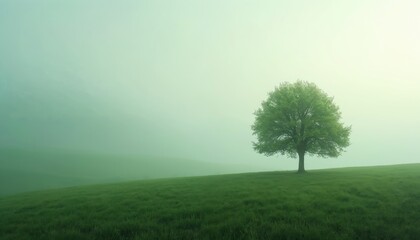 Obraz premium Lone green tree on misty hill with rich grass field. Soft light filters through haze creating atmospheric outdoor scene. Peaceful rural countryside view, untouched nature.