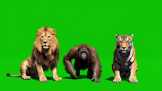 Lion, Tiger, and Orangutan Animation on Green Screen Background