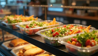 Obraz premium Fresh salads and sandwiches in clear plastic containers displayed on a shelf. Food is ready for takeout or delivery service. Fast food eatery offers healthy meal options.