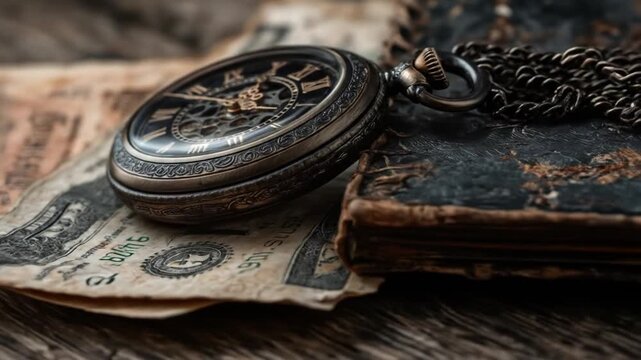 Vintage pocket watch on currency and aged book