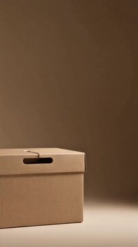 Minimalist cardboard subscription box on a matte background with soft directional lighting. Clean packshot aesthetic.