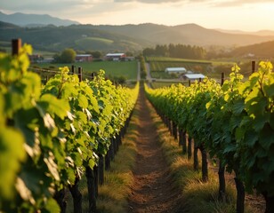 Obraz premium Rows of lush green grapevines stretch towards distant hills bathed in golden sunset light. A dirt path winds through the vineyard towards farm buildings and more fields under a vast sky.