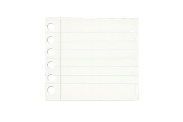 Square ripped blank notebook paper with blue lines and spiral holes on left edge, copy space, transparent background