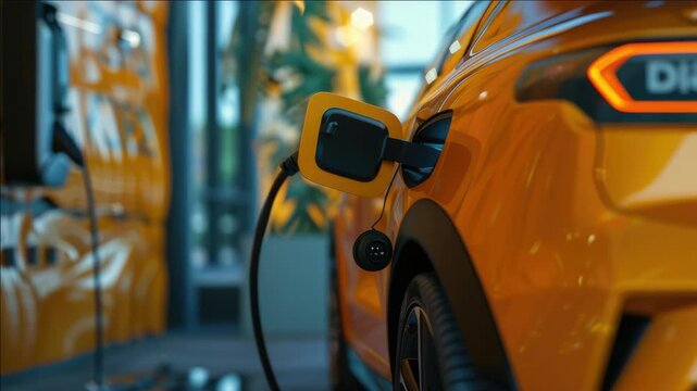 An electric vehicle connected to a charger in a modern station.