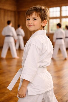 Young martial arts student in white karate gi standing in dojo during class practice, AI-generated conceptual illustration