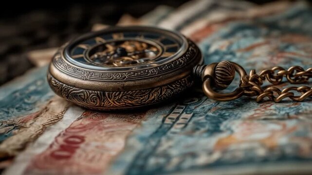 Vintage pocket watch with chain resting on currency with focus