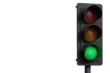 A traffic light with green light illuminated, featuring red and yellow lights off. Isolated on white background, showing standard traffic signal colors for transportation control.