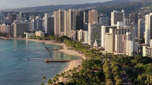 Waikiki Beach aerial view, tall buildings by the ocean coast, Honolulu city , Hawaii