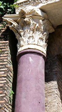 ancient roman purple stone column ornate corinthian capital marble entablature ivy covered brickwork glows tempio del divo romolo up close rome italy empire emperor 