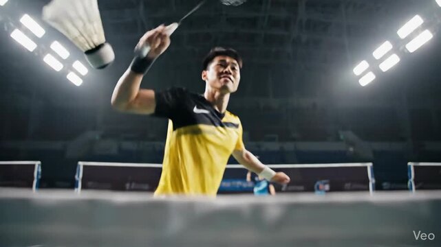 Young male badminton player in yellow shirt swings racket at shuttlecock on indoor court during intense match