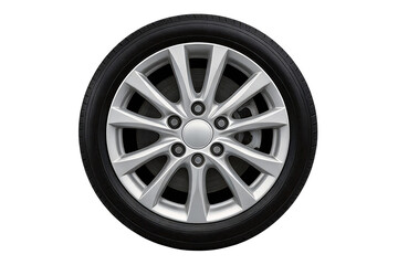 Obraz premium Close-up of a car wheel featuring a silver alloy rim with black rubber tire. Shows spokes, hub, and center cap. Ideal for automotive, transport, or vehicle part contexts.