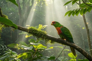 Vividly Colored Rainforest Parrot Perched on a Mossy Branch Amidst Sunbeams
