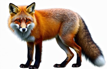 Fototapeta premium Red fox stands on white background looking directly at viewer. This wild animal has orange fur with black legs and a bushy tail. Its eyes show alertness.