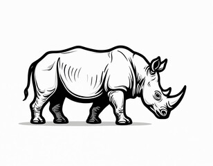 Obraz premium Line art rhino silhouette stands on white background. This large mammal has a horn and thick skin. Animal illustration great for conservation, nature, or zoo themes.