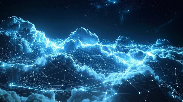Digital Cloudscape: A breathtaking, low-angle view of luminous clouds and a network of interconnected nodes against a dark sky, illustrating the concept of a digital cloud.