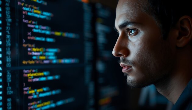 A focused male programmer intently observes lines of code on a glowing monitor in a dark room.