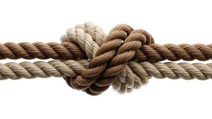 Natural beige and brown ropes form a strong, symbolic knot, showcasing tactile texture and sturdy connection with volumetric light. Ideal for concepts of unity, partnership, marriage, security,
