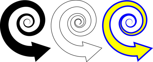Spiral arrow icons in solid black, outline, and yellow-blue color schemes