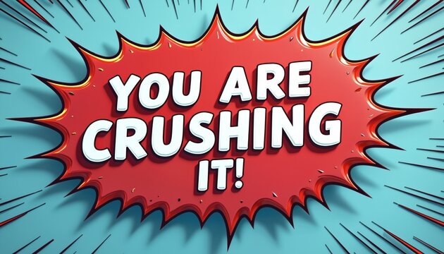 Bold comic speech bubble says You are crushing it. Red explosion shape with white text, red outline on blue background. Fun pop art style for success or achievement.