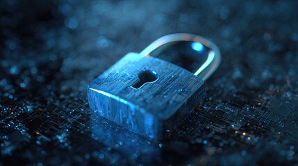 Metallic padlock on blue electronic circuit board illustrating security and protection