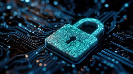 Digital padlock on circuit board illustrates data protection and cybersecurity concepts
