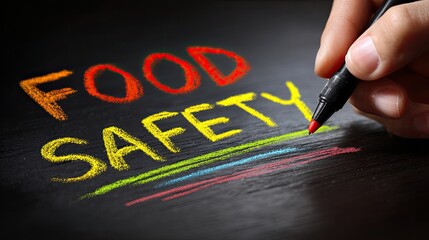 Colorful food safety concept displayed with hand writing on black surface with marker