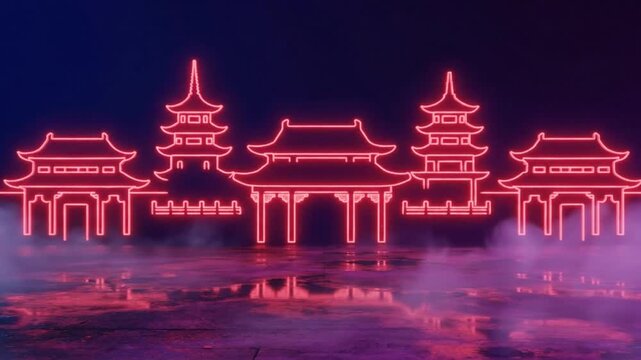 Red Neon Chinese Pagoda Skyline: Synthwave Cyberpunk Animation with Reflection and Fog