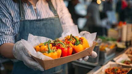 Person holding tray of colorful stuffed peppers culinary theme copy space close up