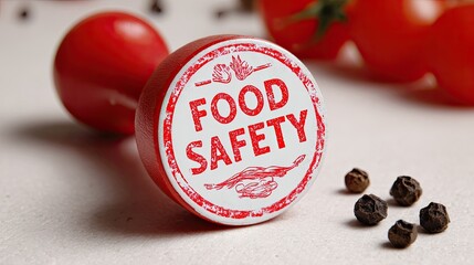 Food safety concept with stamp tomatoes and peppercorns on white background