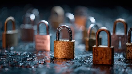 Close up of golden padlocks on a circuit board security concept