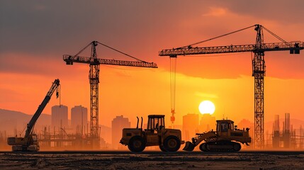 Construction site silhouette featuring cranes excavators and buildings against a sunset backdrop