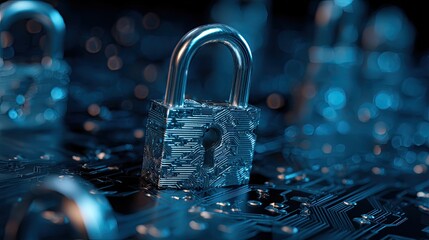 Metallic padlock on circuit board representing digital security and data protection