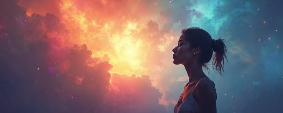 Woman looks up at vibrant sky with colorful clouds and stars. Contemplative person finds inner peace, dreams of future or spiritual journey. Cosmic background with bright light.