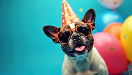 Fototapeta premium Funny french bulldog wears party hat and sunglasses, tongue out, with colorful balloons in background. Dog celebrates birthday, cheerful pet, festive mood, happy event.