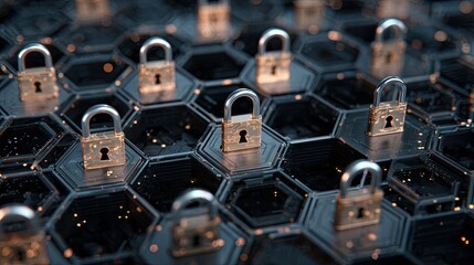 Data security concept padlocks on a hexagonal grid representing protection