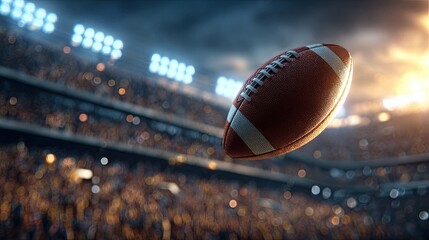 American football in flight over stadium seats with bright spotlights and crowd