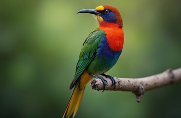 Obraz premium Exotic male sunbird sits on tree branch. Vibrant colorful plumage bird with red orange chest blue neck yellow tail. Detailed closeup portrait in natural jungle habitat.