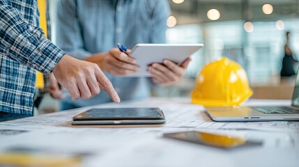 Engineers collaborating on blueprints and tablet computer in bright office space