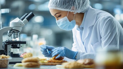 Scientist in lab coat examining food sample with microscope and tools