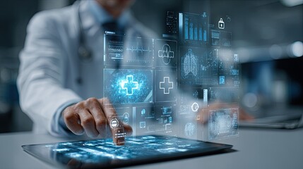 Medical professional interacting with advanced digital interface for healthcare analysis