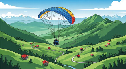 Paraglider soars over green hills with colorful parachute and mountain range in background